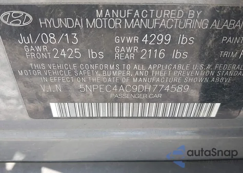 2013 Hyundai Sonata Limited z USA, uszkodzony, nr VIN 5NPEC4AC9DH774589